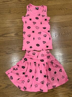 Girls' Pink Icon Print Tank & Skirt Matching Set